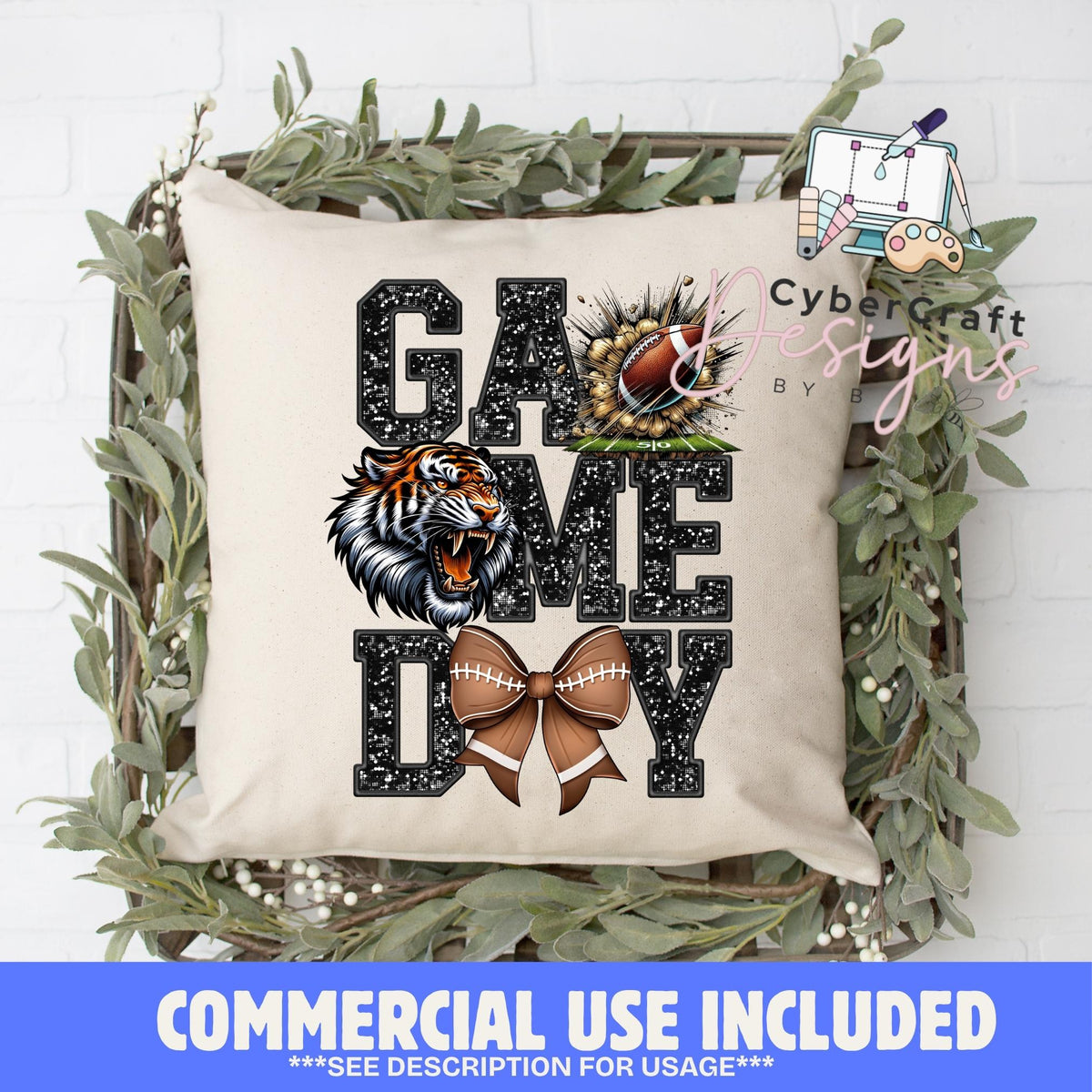 Digital PNG design displayed on a decorative pillow mockup showing one of many possible finished product applications.