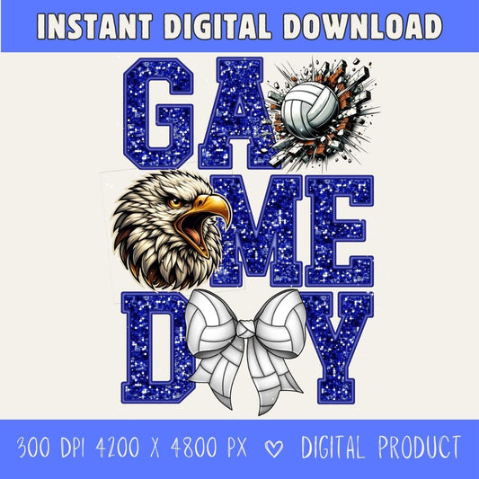 Digital graphic design for 'Game Day' featuring blue glitter-textured letters, a volleyball splash, a hawk head, and a white ribbon bow, with text indicating instant digital download and 300 DPI 4200 x 4800 px digital product.