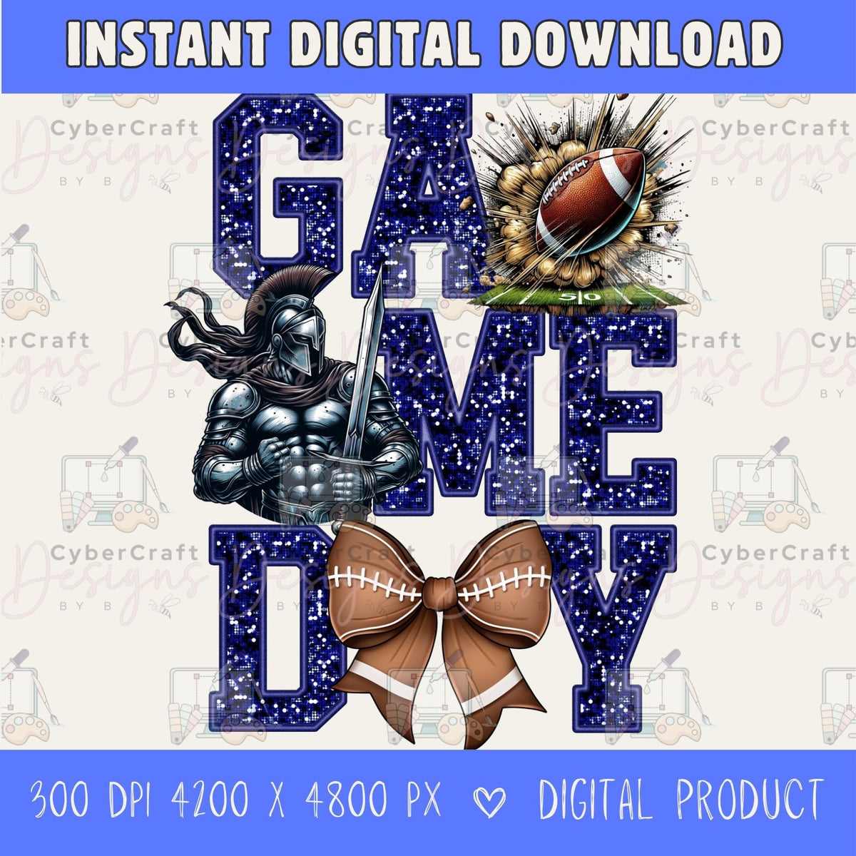 High-resolution Game Day Warrior football PNG digital download with transparent background, navy glitter varsity lettering, football graphic, pirate mascot, football bow, 4200 x 4800 pixels, and 300 DPI for sublimation and printable crafts.