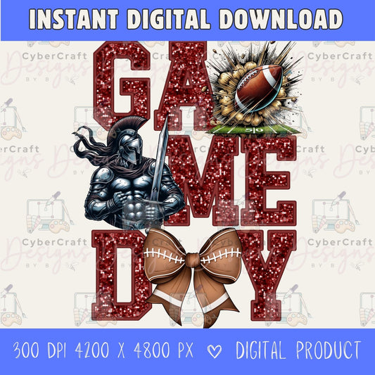 High-resolution Game Day Warrior football PNG digital download with transparent background, maroon glitter varsity lettering, football graphic, pirate mascot, football bow, 4200 x 4800 pixels, and 300 DPI for sublimation and printable crafts.