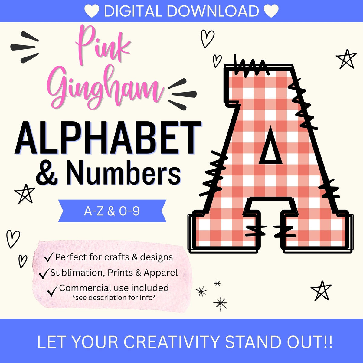 Pink Gingham Alphabet Clip Art Bundle PNG | A-Z Letters & 0-9 Numbers | Commercial Use | Sublimation Alphabet | Digital Download | Printable Monogram Letters