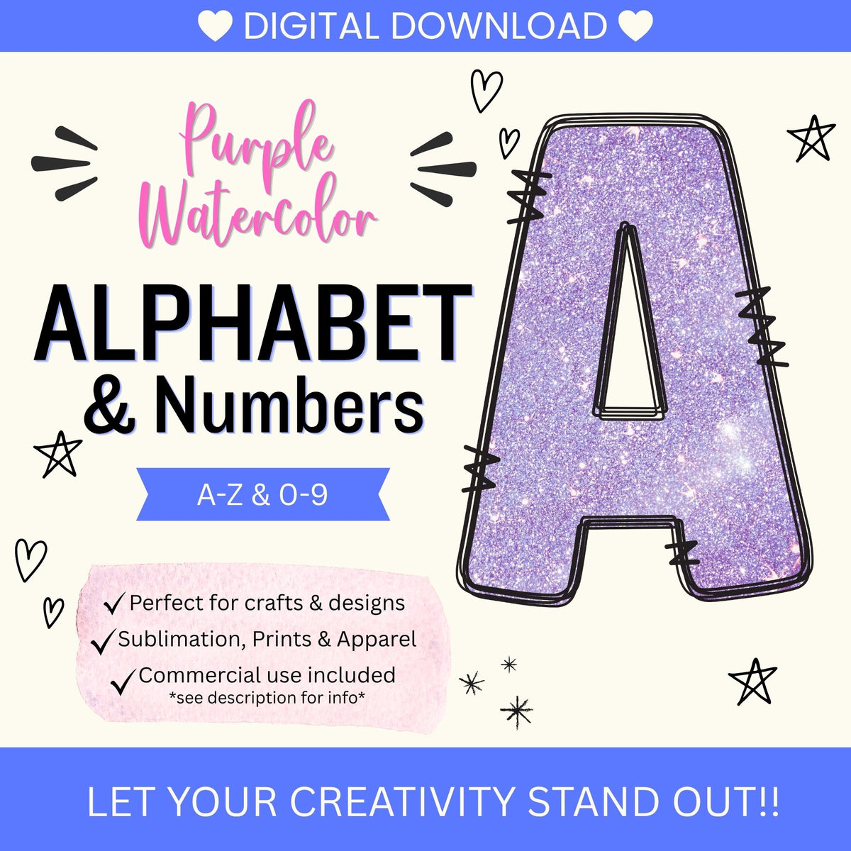 Purple Glitter Alphabet Clip Art Bundle PNG | A-Z Letters & 0-9 Numbers | Sparkle Monogram Alphabet | Commercial Use | Digital Download