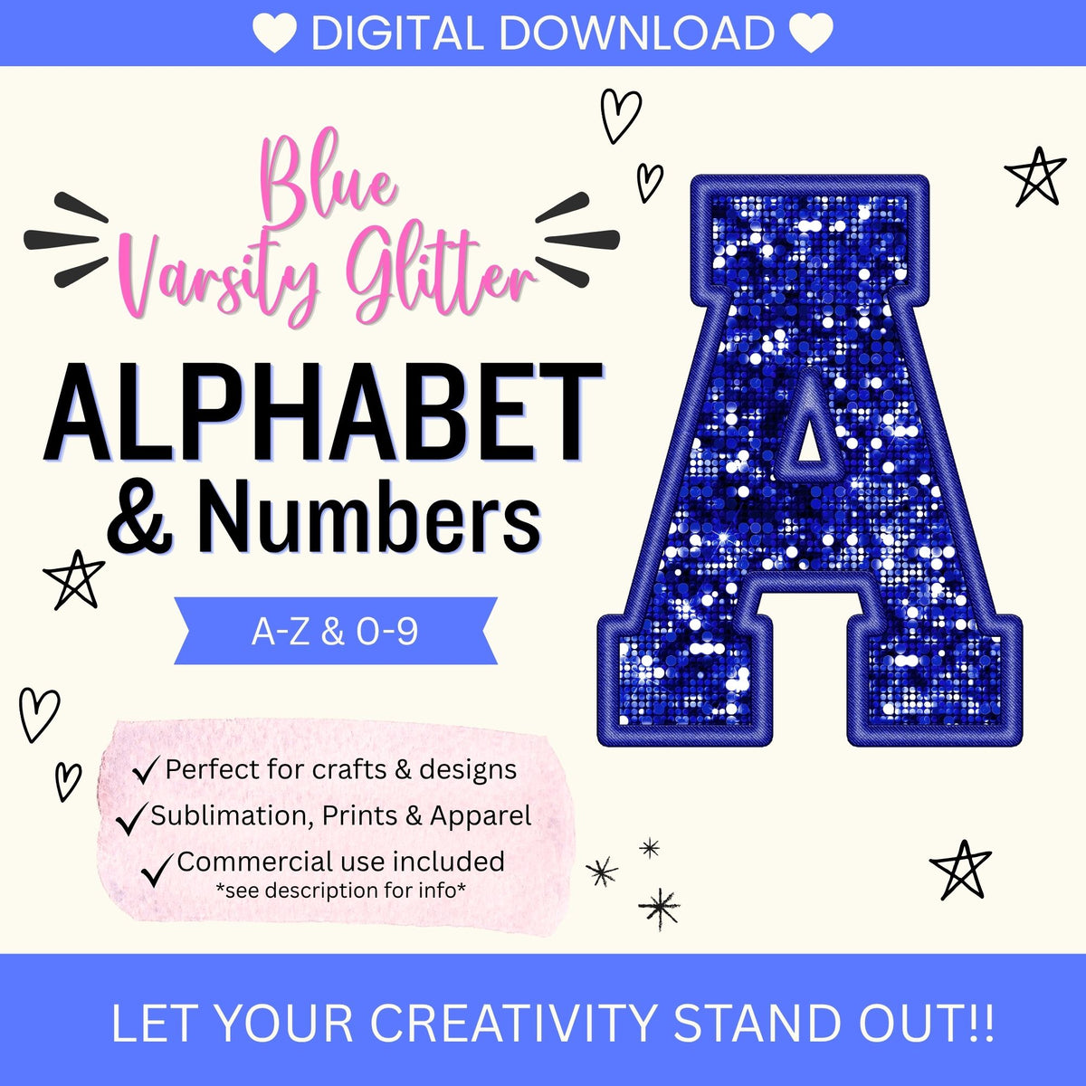 Blue Glitter Varsity Alphabet & Number Clip Art Bundle PNG | A-Z Letters & 0-9 Numbers | Commercial Use | Sublimation Alphabet | Digital Download