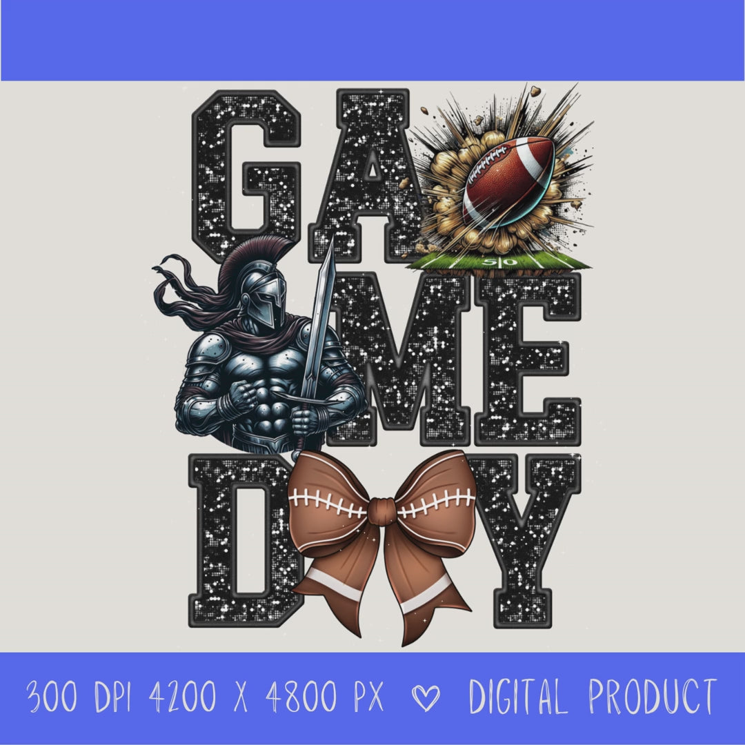 High-resolution Game Day Warrior football PNG digital download with transparent background, black glitter varsity lettering, football graphic, pirate mascot, football bow, 4200 x 4800 pixels, and 300 DPI for sublimation and printable crafts.