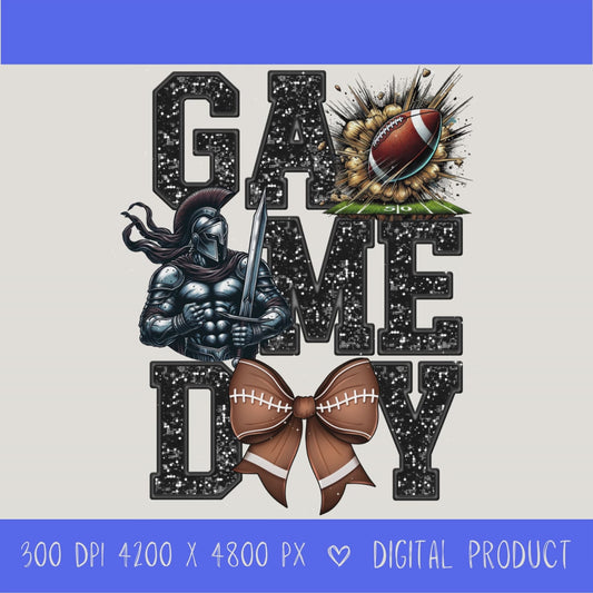 High-resolution Game Day Warrior football PNG digital download with transparent background, black glitter varsity lettering, football graphic, pirate mascot, football bow, 4200 x 4800 pixels, and 300 DPI for sublimation and printable crafts.