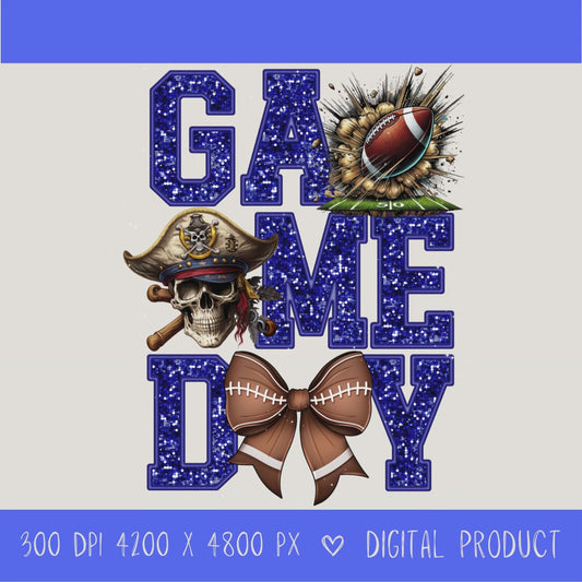 High-resolution Game Day Pirates football PNG digital download with transparent background, Blue glitter varsity lettering, football graphic, pirate mascot, football bow, 4200 x 4800 pixels, and 300 DPI for sublimation and printable crafts.