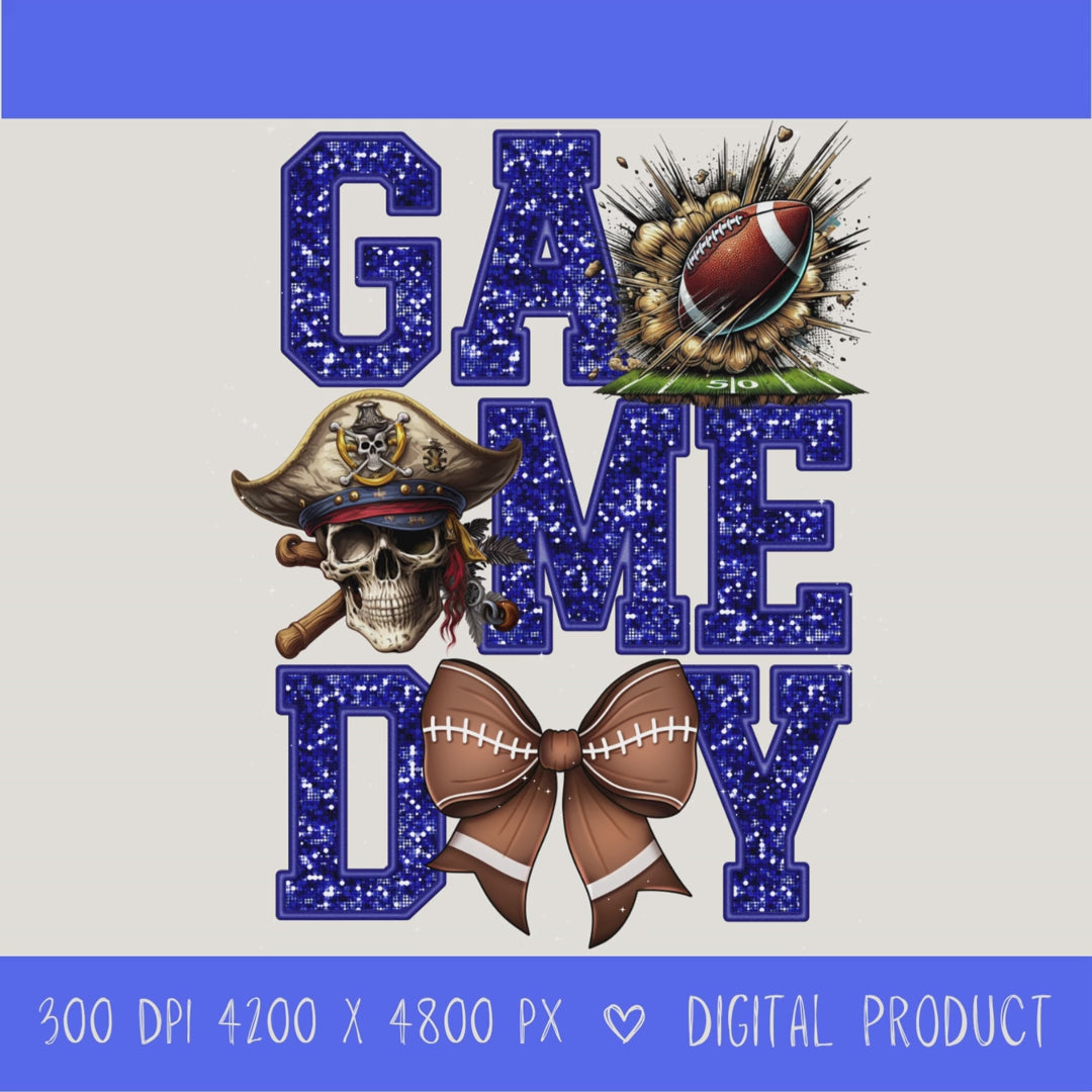 High-resolution Game Day Pirates football PNG digital download with transparent background, Blue glitter varsity lettering, football graphic, pirate mascot, football bow, 4200 x 4800 pixels, and 300 DPI for sublimation and printable crafts.