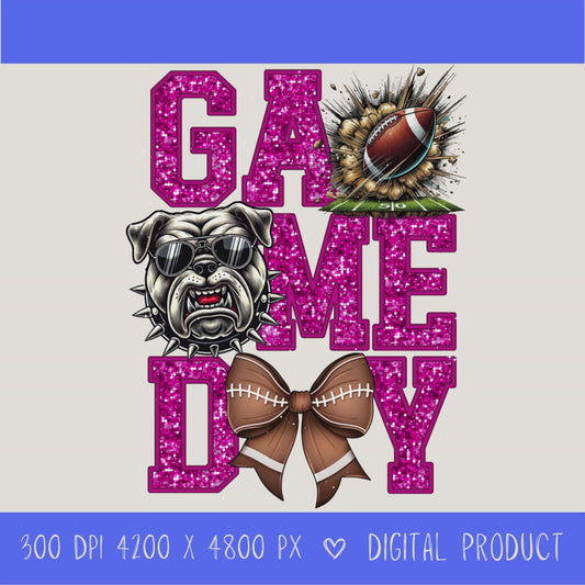 High-resolution Game Day Bulldogs football PNG digital download with transparent background, pink glitter varsity lettering, football graphic, pirate mascot, football bow, 4200 x 4800 pixels, and 300 DPI for sublimation and printable crafts.