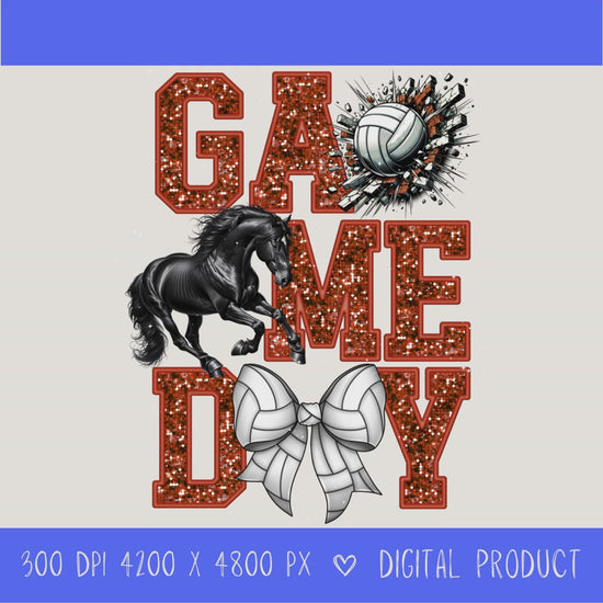 High-resolution Game Day Mustangs volleyball PNG digital download with transparent background, orange glitter varsity lettering, volleyball graphic, mustang mascot, volleyball bow, 4200 x 4800 pixels, and 300 DPI for sublimation and printable crafts.