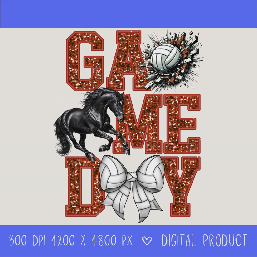 High-resolution Game Day Mustangs volleyball PNG digital download with transparent background, orange glitter varsity lettering, volleyball graphic, mustang mascot, volleyball bow, 4200 x 4800 pixels, and 300 DPI for sublimation and printable crafts.