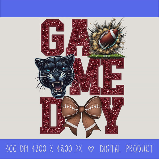 High-resolution Game Day Pirates football PNG digital download with transparent background, maroon glitter varsity lettering, football graphic, pirate mascot, football bow, 4200 x 4800 pixels, and 300 DPI for sublimation and printable crafts.