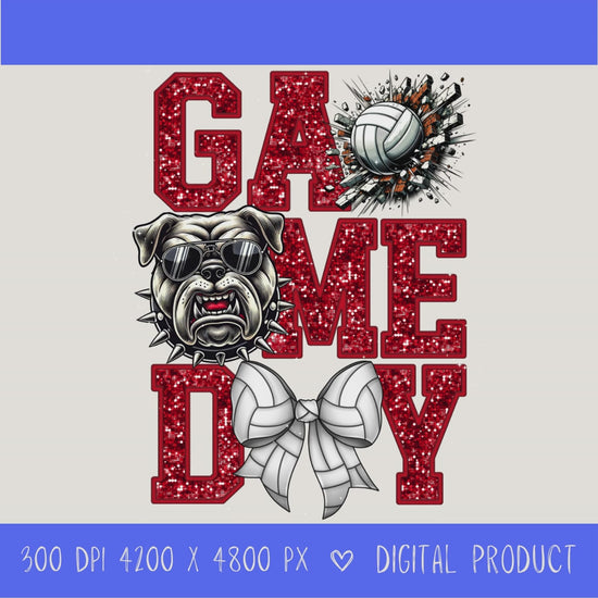 High-resolution Game Day Bulldog  volleyball PNG digital download with transparent background, red glitter varsity lettering, volleyball graphic, bears mascot, volleyball bow, 4200 x 4800 pixels, and 300 DPI for sublimation and printable crafts.