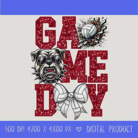 High-resolution Game Day Bulldog  volleyball PNG digital download with transparent background, red glitter varsity lettering, volleyball graphic, bears mascot, volleyball bow, 4200 x 4800 pixels, and 300 DPI for sublimation and printable crafts.