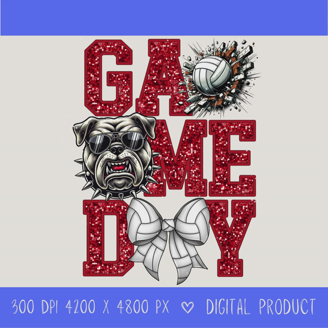 High-resolution Game Day Bulldog  volleyball PNG digital download with transparent background, red glitter varsity lettering, volleyball graphic, bears mascot, volleyball bow, 4200 x 4800 pixels, and 300 DPI for sublimation and printable crafts.