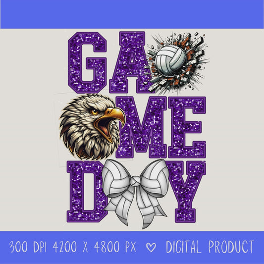 High-resolution Game Day Eagles volleyball PNG digital download with transparent background, purple glitter varsity lettering, volleyball graphic, eagles mascot, volleyball bow, 4200 x 4800 pixels, and 300 DPI for sublimation and printable crafts.