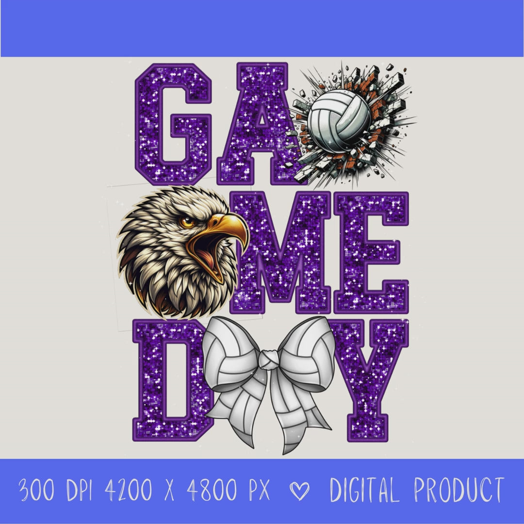 High-resolution Game Day Eagles volleyball PNG digital download with transparent background, purple glitter varsity lettering, volleyball graphic, eagles mascot, volleyball bow, 4200 x 4800 pixels, and 300 DPI for sublimation and printable crafts.