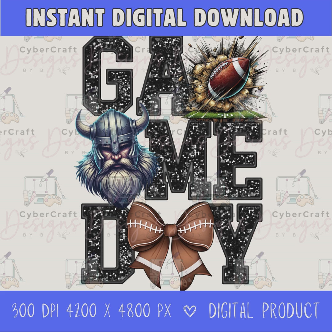 High-resolution Game Day Vikings football PNG digital download with transparent background, black glitter varsity lettering, football graphic, pirate mascot, football bow, 4200 x 4800 pixels, and 300 DPI for sublimation and printable crafts.