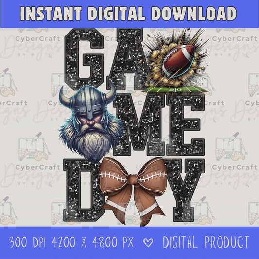 High-resolution Game Day Vikings football PNG digital download with transparent background, black glitter varsity lettering, football graphic, pirate mascot, football bow, 4200 x 4800 pixels, and 300 DPI for sublimation and printable crafts.