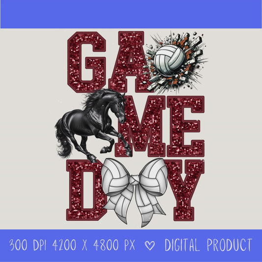 High-resolution Game Day Mustangs volleyball PNG digital download with transparent background, maroon glitter varsity lettering, volleyball graphic, mustang mascot, volleyball bow, 4200 x 4800 pixels, and 300 DPI for sublimation and printable crafts.