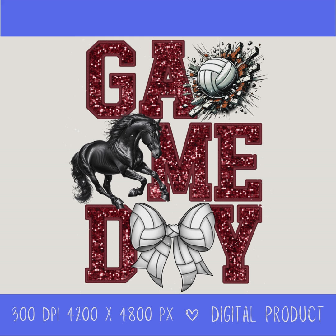 High-resolution Game Day Mustangs volleyball PNG digital download with transparent background, maroon glitter varsity lettering, volleyball graphic, mustang mascot, volleyball bow, 4200 x 4800 pixels, and 300 DPI for sublimation and printable crafts.
