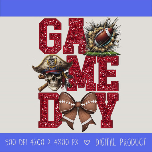High-resolution Game Day Pirates football PNG digital download with transparent background, red glitter varsity lettering, football graphic, pirate mascot, football bow, 4200 x 4800 pixels, and 300 DPI for sublimation and printable crafts.