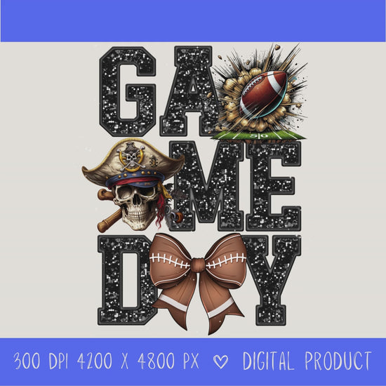 High-resolution Game Day Pirates football PNG digital download with transparent background, Black glitter varsity lettering, football graphic, pirate mascot, football bow, 4200 x 4800 pixels, and 300 DPI for sublimation and printable crafts.