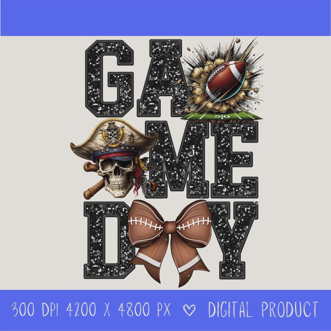 High-resolution Game Day Pirates football PNG digital download with transparent background, Black glitter varsity lettering, football graphic, pirate mascot, football bow, 4200 x 4800 pixels, and 300 DPI for sublimation and printable crafts.