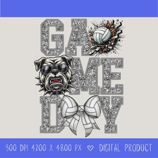 High-resolution Game Day Bulldog  volleyball PNG digital download with transparent background, silver glitter varsity lettering, volleyball graphic, bears mascot, volleyball bow, 4200 x 4800 pixels, and 300 DPI for sublimation and printable crafts.
