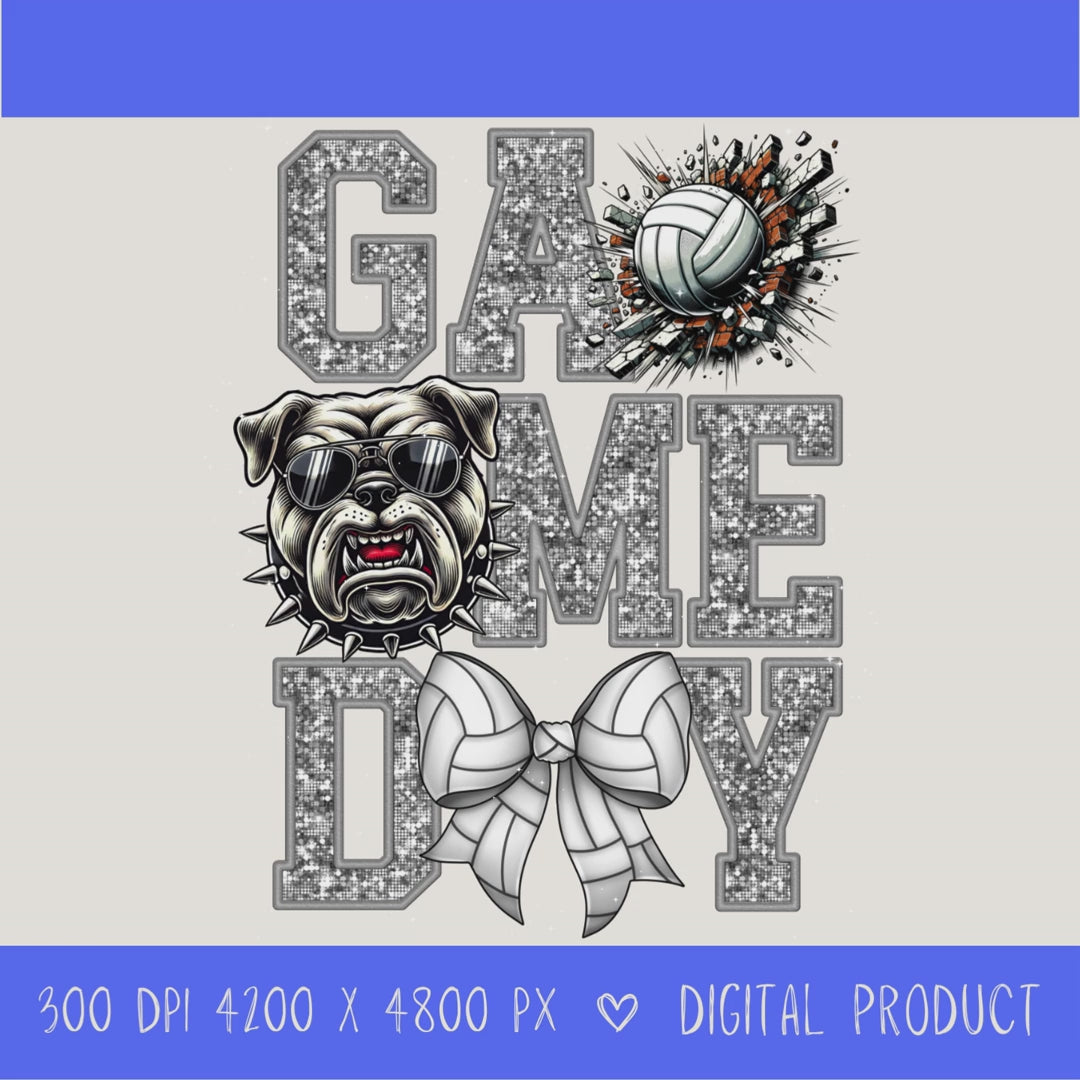 High-resolution Game Day Bulldog  volleyball PNG digital download with transparent background, silver glitter varsity lettering, volleyball graphic, bears mascot, volleyball bow, 4200 x 4800 pixels, and 300 DPI for sublimation and printable crafts.