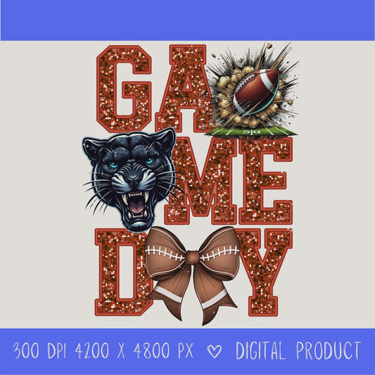 High-resolution Game Day Pirates football PNG digital download with transparent background, orange glitter varsity lettering, football graphic, pirate mascot, football bow, 4200 x 4800 pixels, and 300 DPI for sublimation and printable crafts.