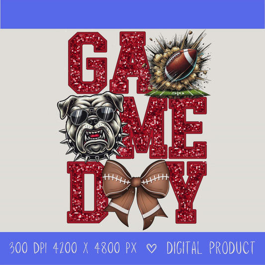 High-resolution Game Day Bulldogs football PNG digital download with transparent background, red glitter varsity lettering, football graphic, pirate mascot, football bow, 4200 x 4800 pixels, and 300 DPI for sublimation and printable crafts.