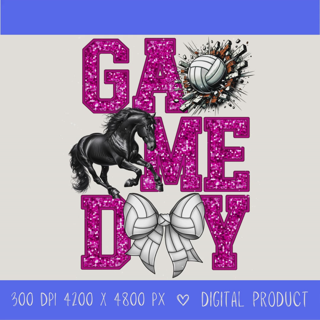 High-resolution Game Day Mustangs volleyball PNG digital download with transparent background, pink glitter varsity lettering, volleyball graphic, mustang mascot, volleyball bow, 4200 x 4800 pixels, and 300 DPI for sublimation and printable crafts.
