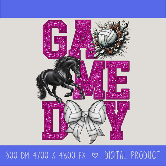 High-resolution Game Day Mustangs volleyball PNG digital download with transparent background, pink glitter varsity lettering, volleyball graphic, mustang mascot, volleyball bow, 4200 x 4800 pixels, and 300 DPI for sublimation and printable crafts.