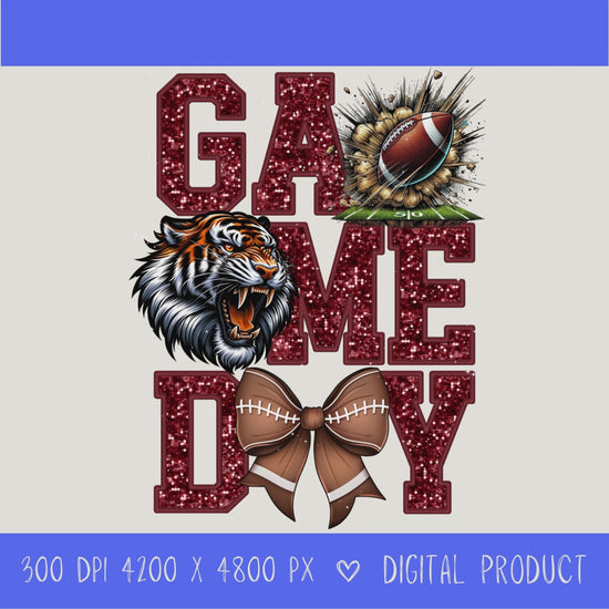High-resolution Game Day Tigers football PNG digital download with transparent background, Maroon glitter varsity lettering, football graphic, tiger mascot, football bow, 4200 x 4800 pixels, and 300 DPI for sublimation and printable crafts.