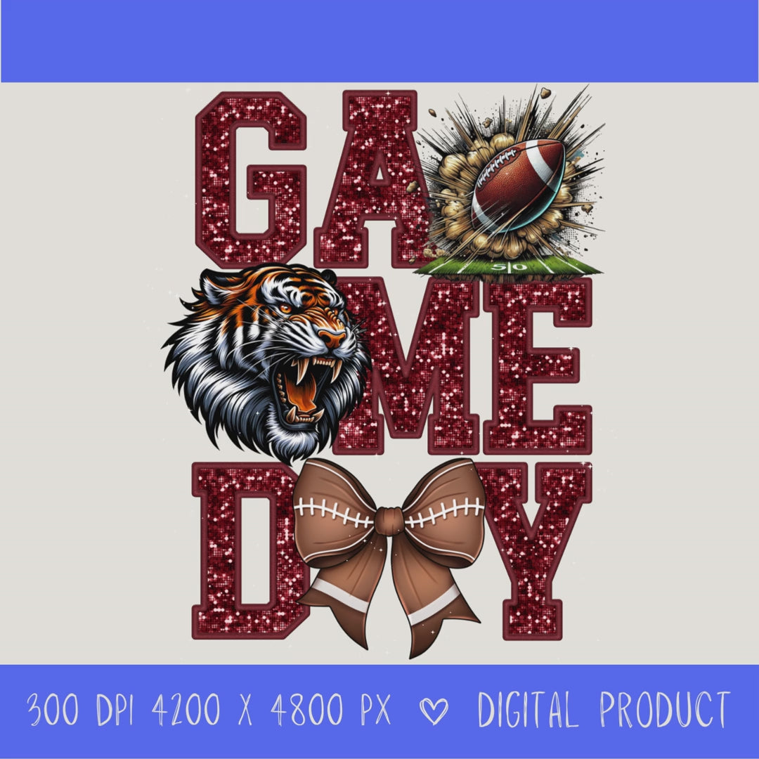High-resolution Game Day Tigers football PNG digital download with transparent background, Maroon glitter varsity lettering, football graphic, tiger mascot, football bow, 4200 x 4800 pixels, and 300 DPI for sublimation and printable crafts.