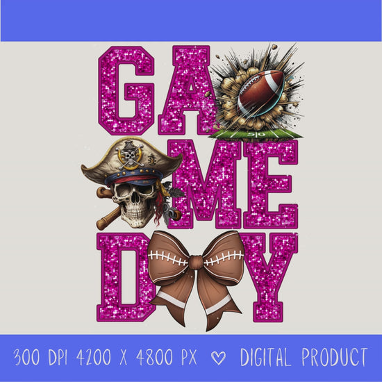 High-resolution Game Day Pirates football PNG digital download with transparent background, pink glitter varsity lettering, football graphic, pirate mascot, football bow, 4200 x 4800 pixels, and 300 DPI for sublimation and printable crafts.
