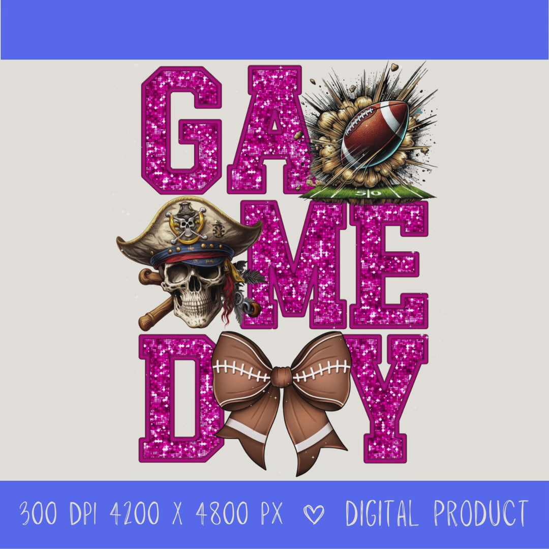 High-resolution Game Day Pirates football PNG digital download with transparent background, pink glitter varsity lettering, football graphic, pirate mascot, football bow, 4200 x 4800 pixels, and 300 DPI for sublimation and printable crafts.