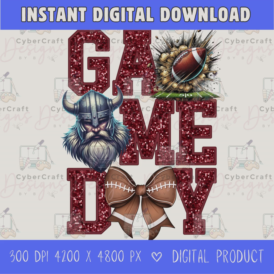 High-resolution Game Day Vikings football PNG digital download with transparent background, maroon glitter varsity lettering, football graphic, pirate mascot, football bow, 4200 x 4800 pixels, and 300 DPI for sublimation and printable crafts.