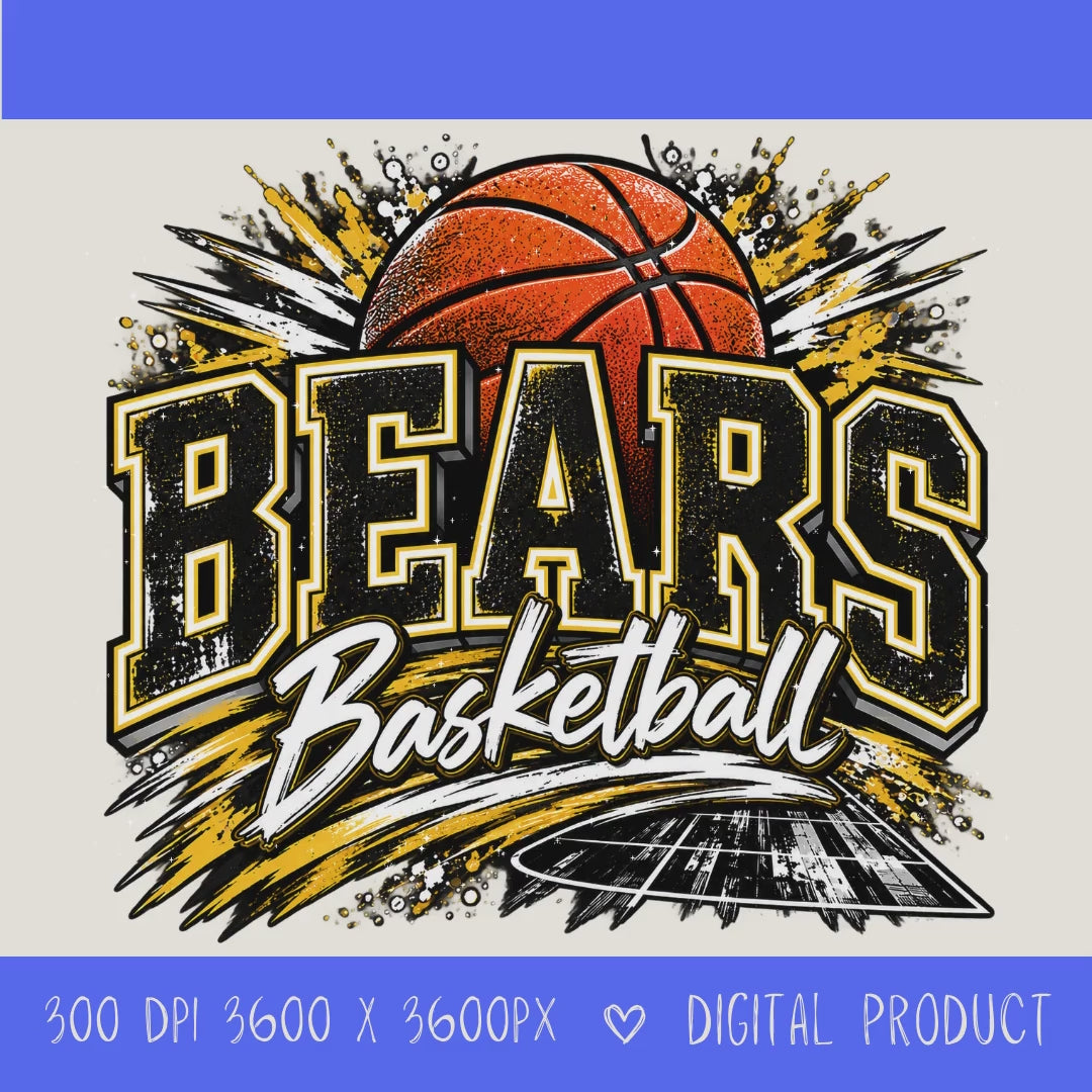 Instant digital download video showcasing the black and gold Bears Basketball PNG design with distressed varsity lettering, an orange basketball, white script, and dynamic school spirit graphics.