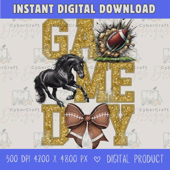 High-resolution Game Day Mustangs football PNG digital download with transparent background, gold glitter varsity lettering, football graphic, pirate mascot, football bow, 4200 x 4800 pixels, and 300 DPI for sublimation and printable crafts.