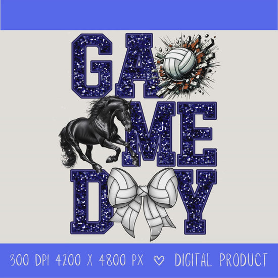 High-resolution Game Day Mustangs volleyball PNG digital download with transparent background, navy glitter varsity lettering, volleyball graphic, mustang mascot, volleyball bow, 4200 x 4800 pixels, and 300 DPI for sublimation and printable crafts.