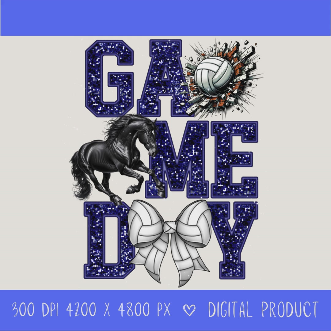 High-resolution Game Day Mustangs volleyball PNG digital download with transparent background, navy glitter varsity lettering, volleyball graphic, mustang mascot, volleyball bow, 4200 x 4800 pixels, and 300 DPI for sublimation and printable crafts.