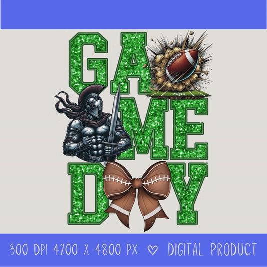 High-resolution Game Day Warrior football PNG digital download with transparent background, green glitter varsity lettering, football graphic, pirate mascot, football bow, 4200 x 4800 pixels, and 300 DPI for sublimation and printable crafts.