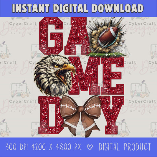 High-resolution Game Day Eagles football PNG digital download with transparent background, red glitter varsity lettering, football graphic, pirate mascot, football bow, 4200 x 4800 pixels, and 300 DPI for sublimation and printable crafts.