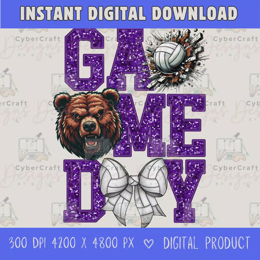 High-resolution Game Day Bears volleyball PNG digital download with transparent background, purple glitter varsity lettering, volleyball graphic, bears mascot, volleyball bow, 4200 x 4800 pixels, and 300 DPI for sublimation and printable crafts.