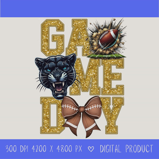 High-resolution Game Day Pirates football PNG digital download with transparent background, gold glitter varsity lettering, football graphic, pirate mascot, football bow, 4200 x 4800 pixels, and 300 DPI for sublimation and printable crafts.