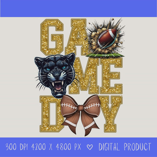High-resolution Game Day Pirates football PNG digital download with transparent background, gold glitter varsity lettering, football graphic, pirate mascot, football bow, 4200 x 4800 pixels, and 300 DPI for sublimation and printable crafts.