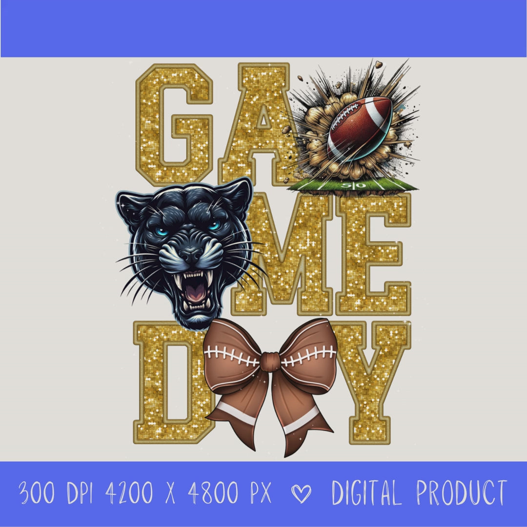 High-resolution Game Day Pirates football PNG digital download with transparent background, gold glitter varsity lettering, football graphic, pirate mascot, football bow, 4200 x 4800 pixels, and 300 DPI for sublimation and printable crafts.