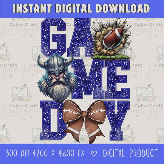 High-resolution Game Day Vikings football PNG digital download with transparent background, blue glitter varsity lettering, football graphic, pirate mascot, football bow, 4200 x 4800 pixels, and 300 DPI for sublimation and printable crafts.