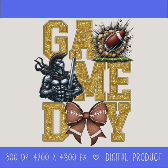 High-resolution Game Day Warrior football PNG digital download with transparent background, gold glitter varsity lettering, football graphic, pirate mascot, football bow, 4200 x 4800 pixels, and 300 DPI for sublimation and printable crafts.